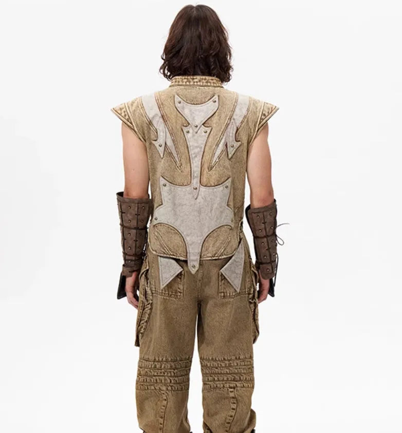 Summer Dark Knight pleated denim vest in cotton fabric, water-wash finish, shown in picture colour