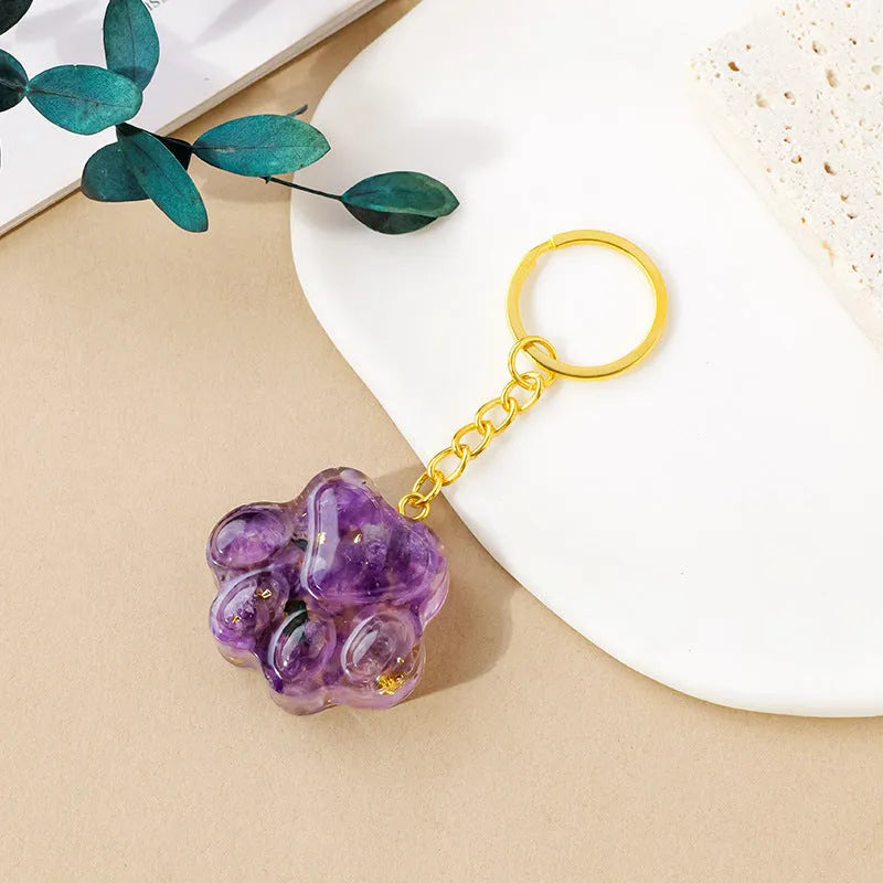 Natural crystal cat's paw keychain with small pendant and gemstone beads