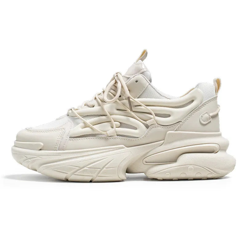 Men's beige mesh sneakers with round toe and lace-up front on rubber sole