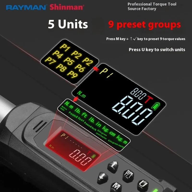 Electronic digital torque wrench with LCD screen and chrome-vanadium steel body.