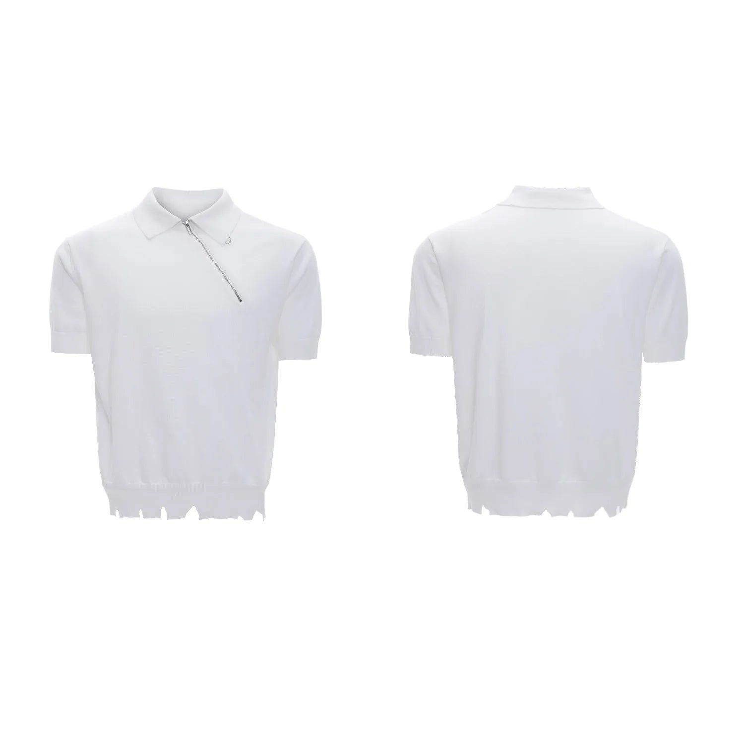 Men's slim-fit knitted polo shirt with oblique zipper and lapel collar in solid colour