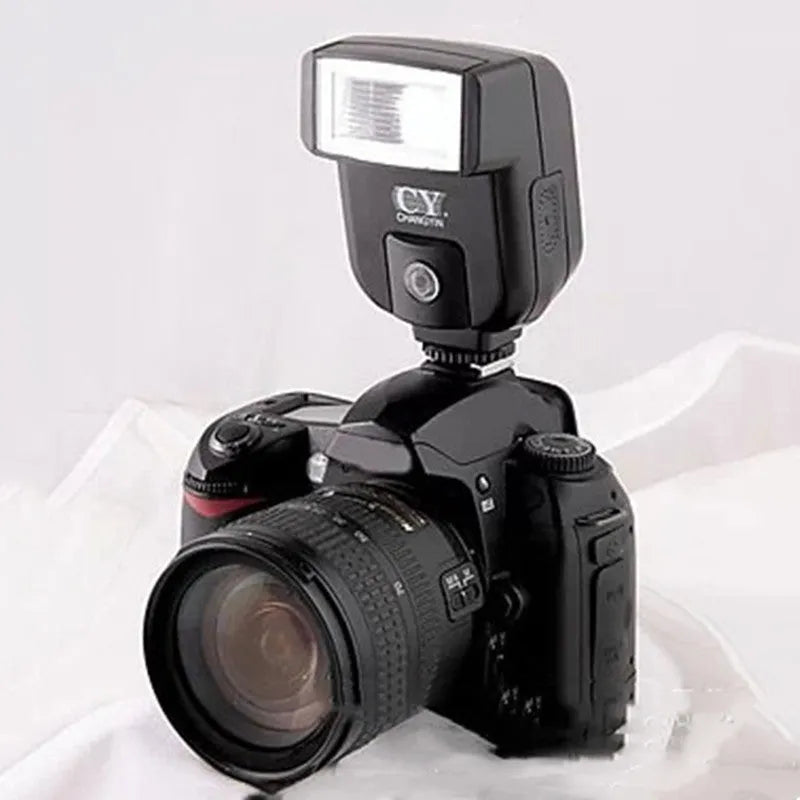 Compact SLR camera flash accessory with 90-degree tilt capability showing front view and side dimensions