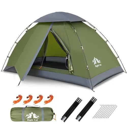 Dark green automatic instant two-person camping tent with deployed frame