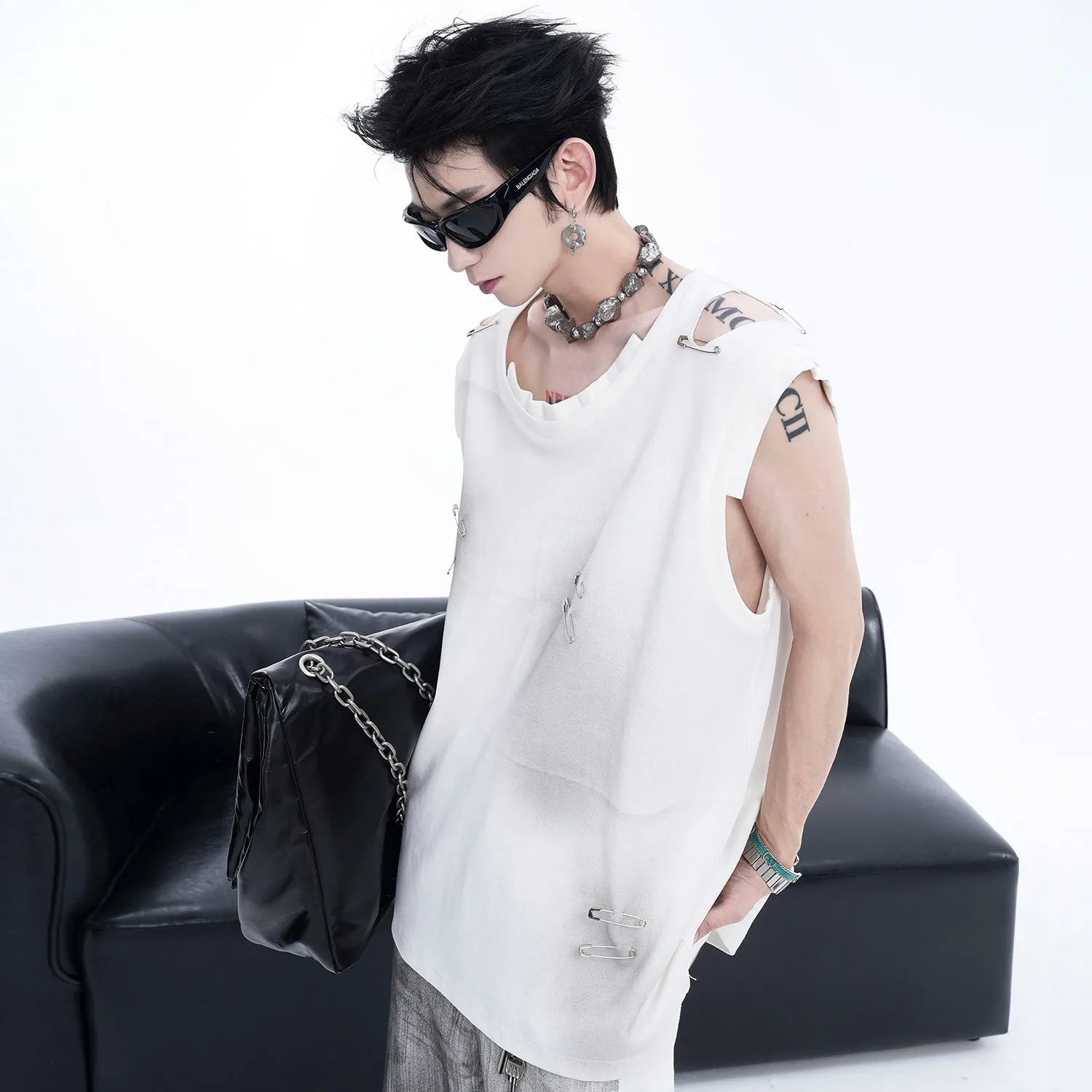 Men's black sleeveless vest waistcoat with ripped irregular cutting design on cotton blend fabric