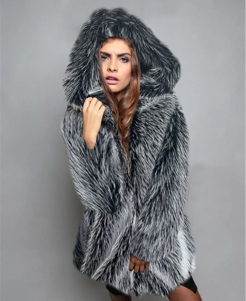 Women's silver grey artificial fur coat with a loose fit and mid-length 65cm silhouette.