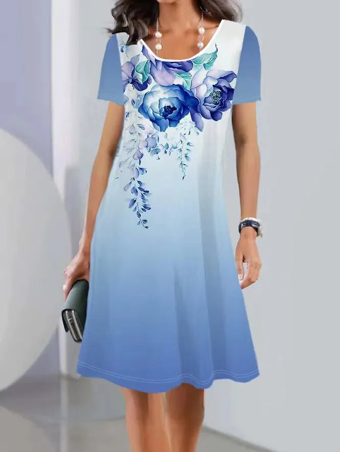 Women's mid-length A-line dress with plant and flower print in ice silk fabric for spring and summer