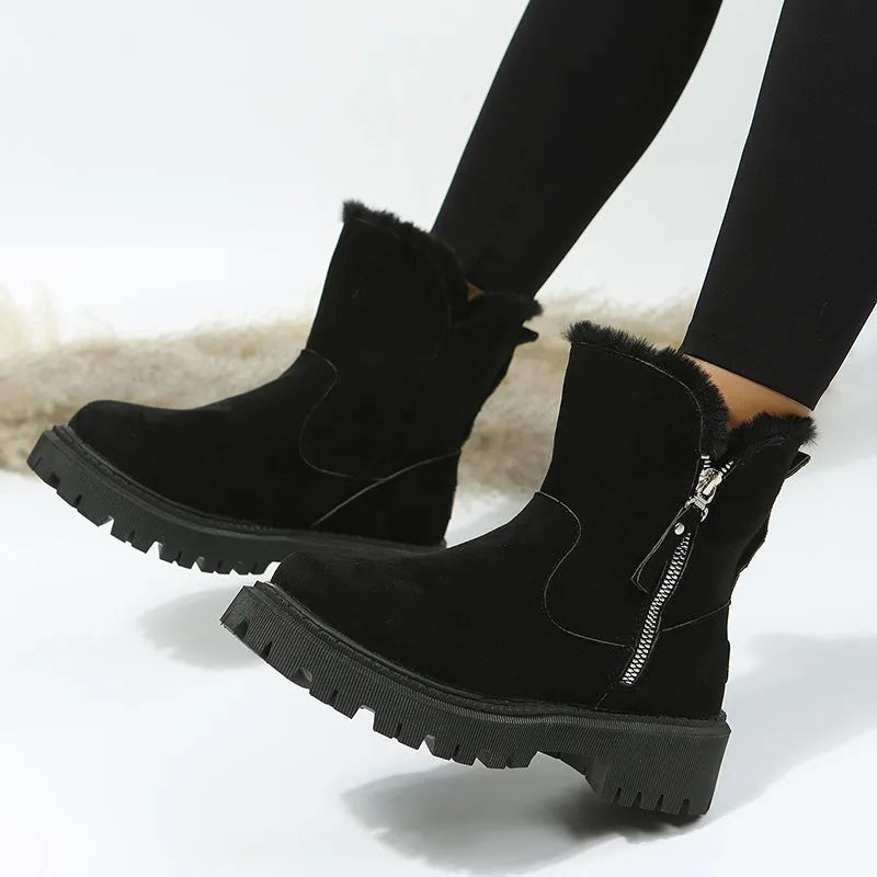Women's black thick plush high-top snow boots with a side zipper and faux fur lining.