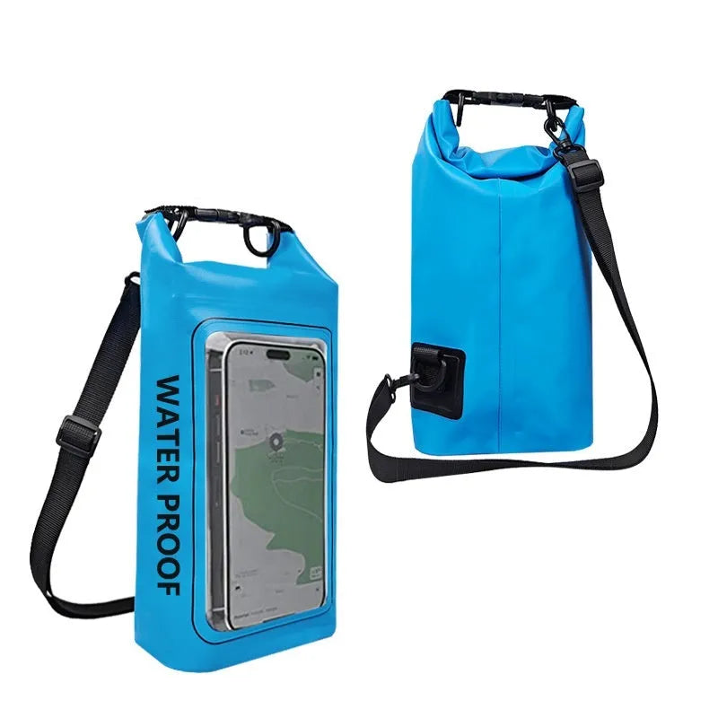 Army Green PVC waterproof crossbody bag with strap, shown in 2L and 5L sizes for swimming and beach use.