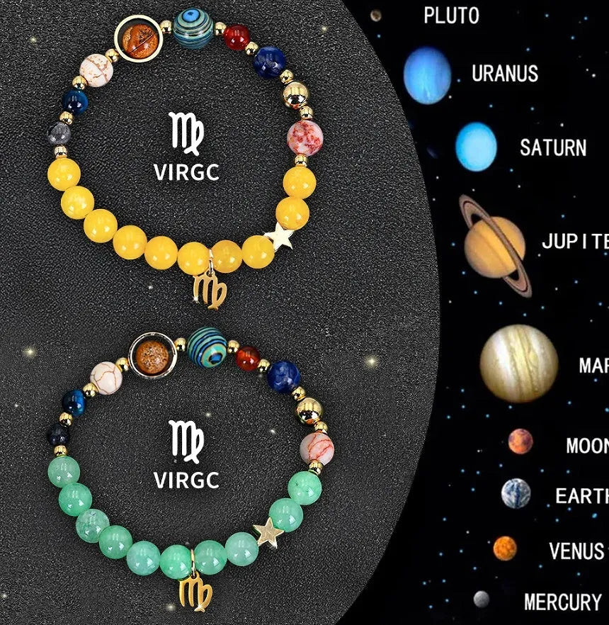 Two natural stone beaded bracelets with zodiac charms on an adjustable elastic band.