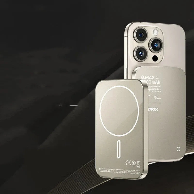 Magnetic wireless alloy power bank in titanium gold or black colour with MagSafe compatibility