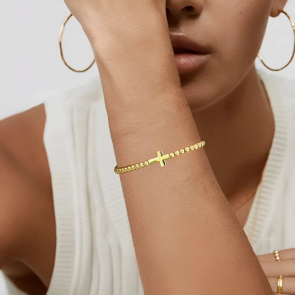 Adjustable stainless steel beaded bracelet for women in a geometric design, shown in one of six colour variations.