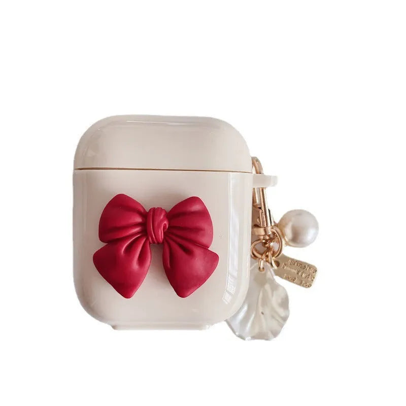 Beige red tpu protective case for AirPods Pro with a bow design on the shell.