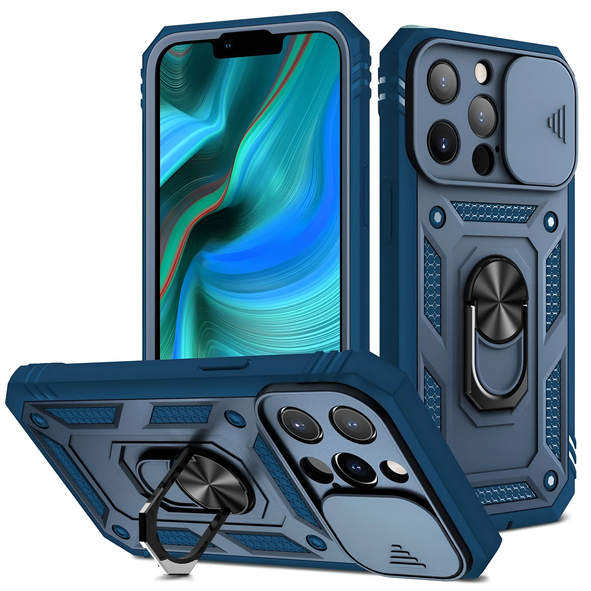 Magnetic mobile phone case with sliding window bracket in sapphire blue and grey green for Apple iPhone