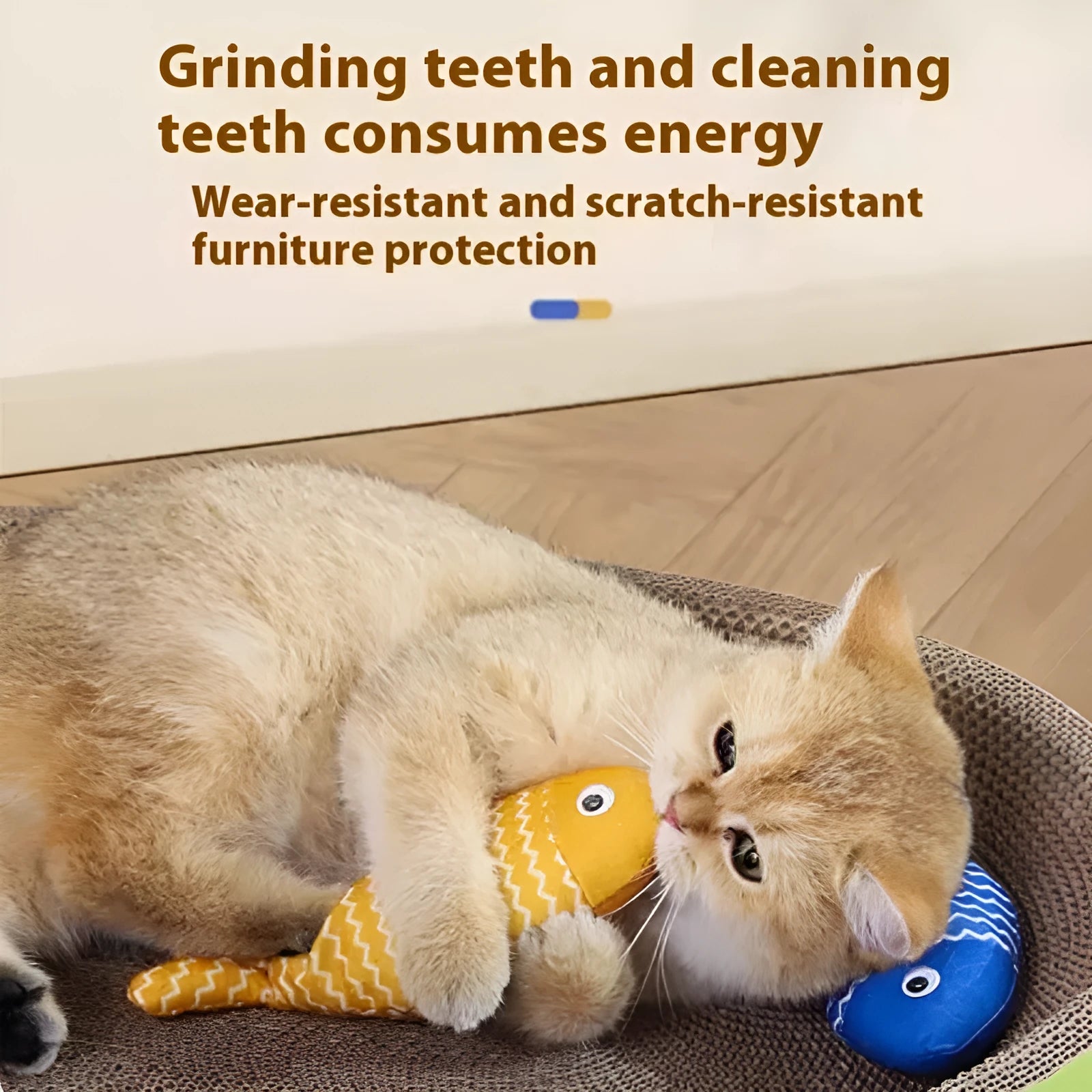 Catnip fish toy in blue, red, or yellow with measured dimensions for feline play