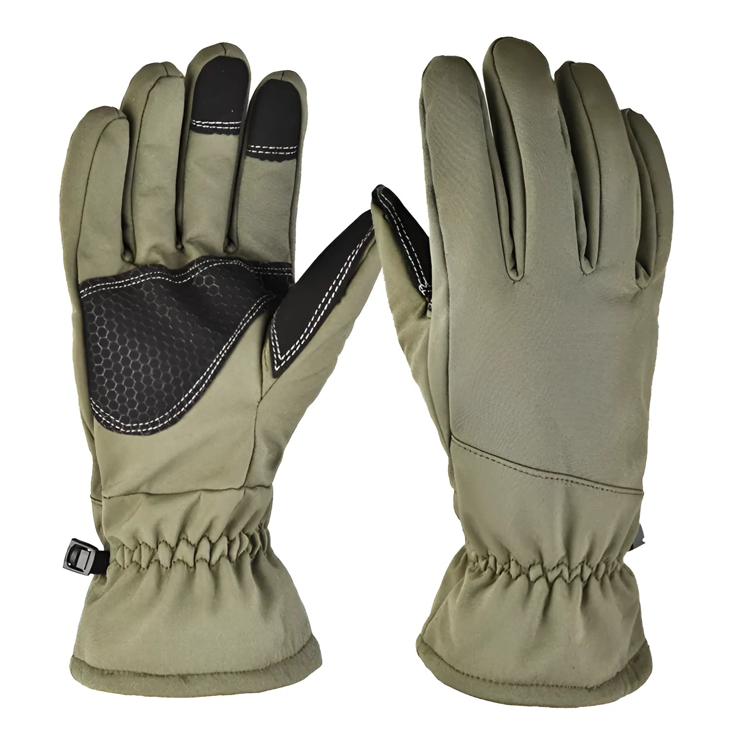 A pair of tactical camouflage ski gloves with touch-screen fingertips on a winter background.