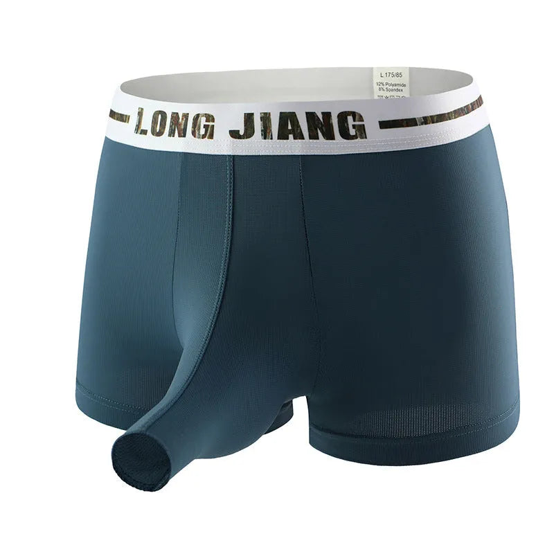 Men's Ice Silk trunk open boxers in grey blue colour, showing thin knitted fabric and mid waist design.