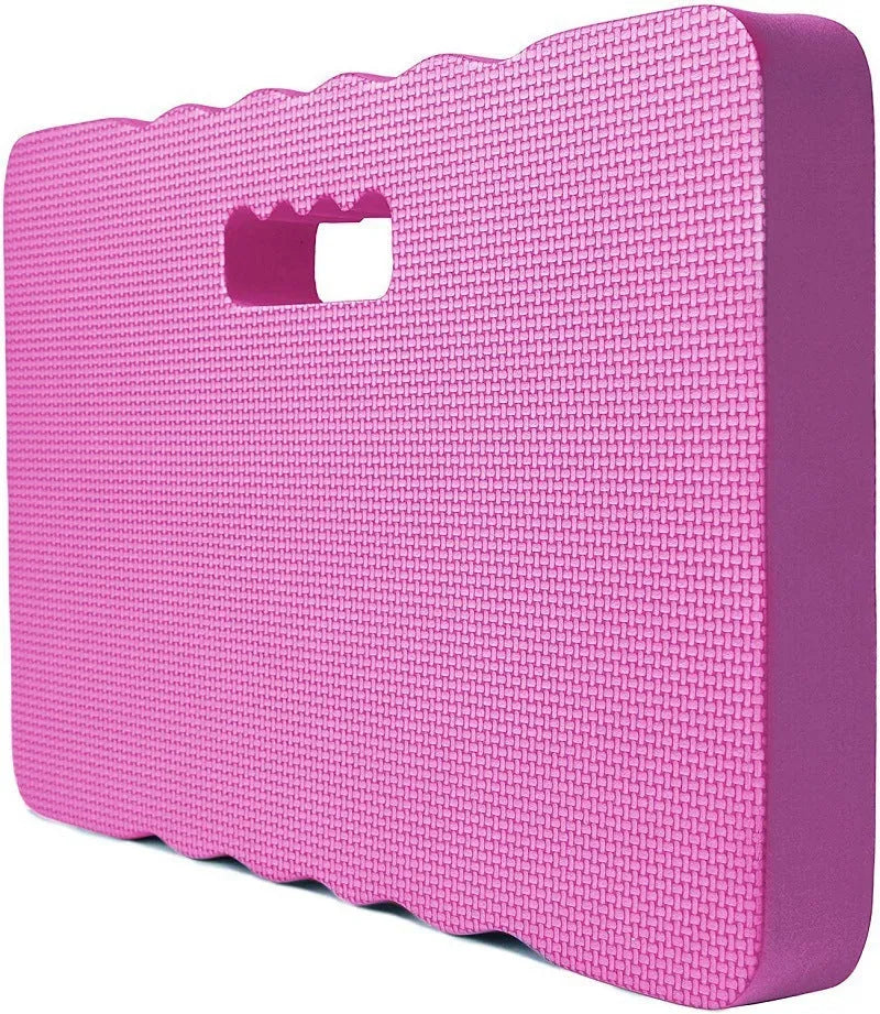 Blue plastic Eva foam garden kneeler pad on soil, showing dimensions for comfortable kneeling support.