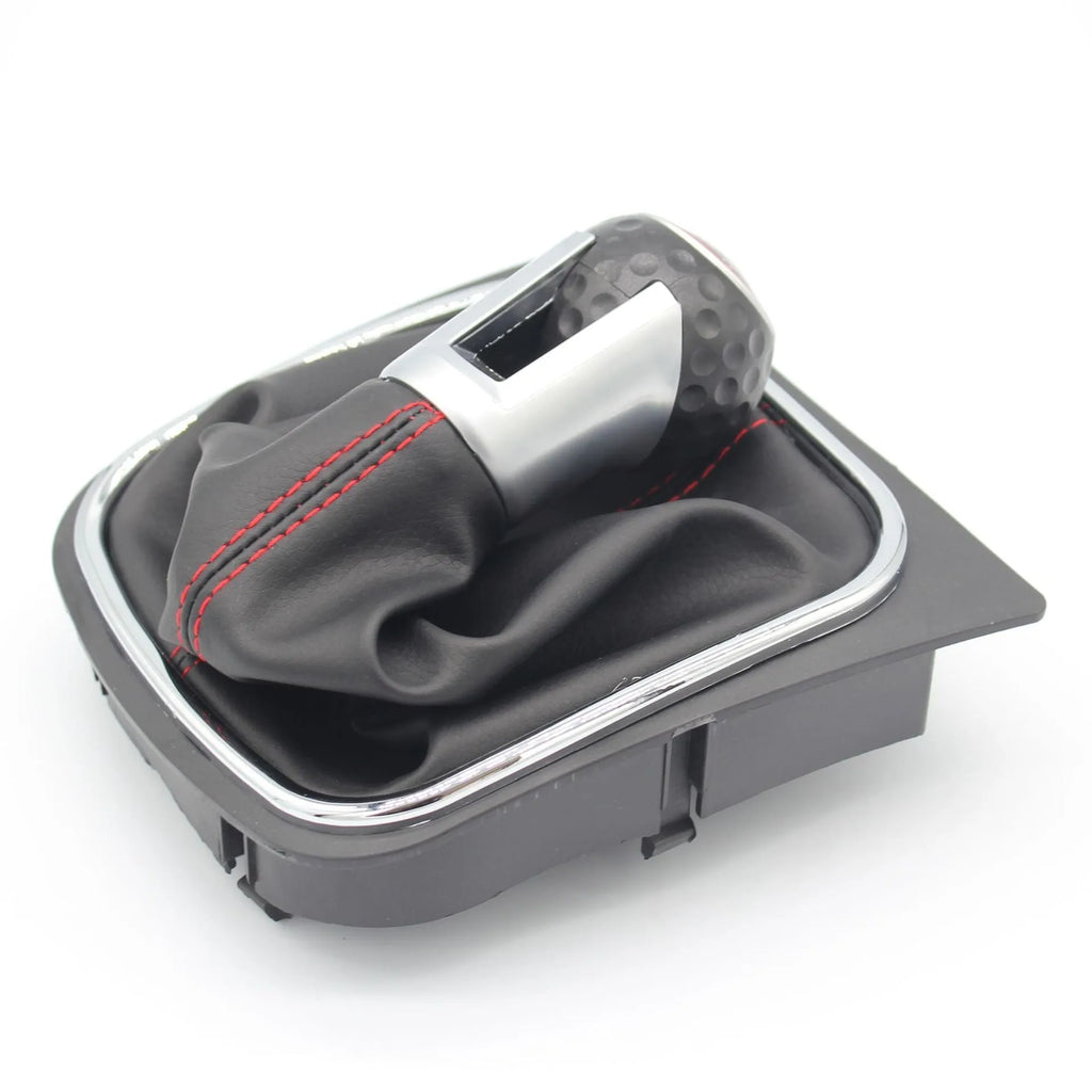 Leather gear lever handball knob for Volkswagen Golf models, showing 12mm installation hole.