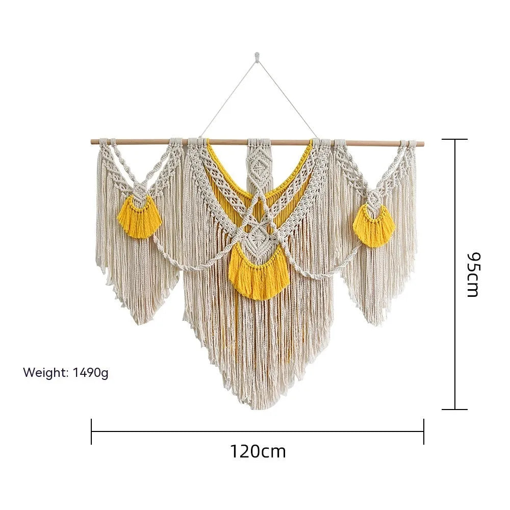Hand-made cotton Nordic tapestry wall hanging in creamy white with yellow accents, 120cm by 95cm
