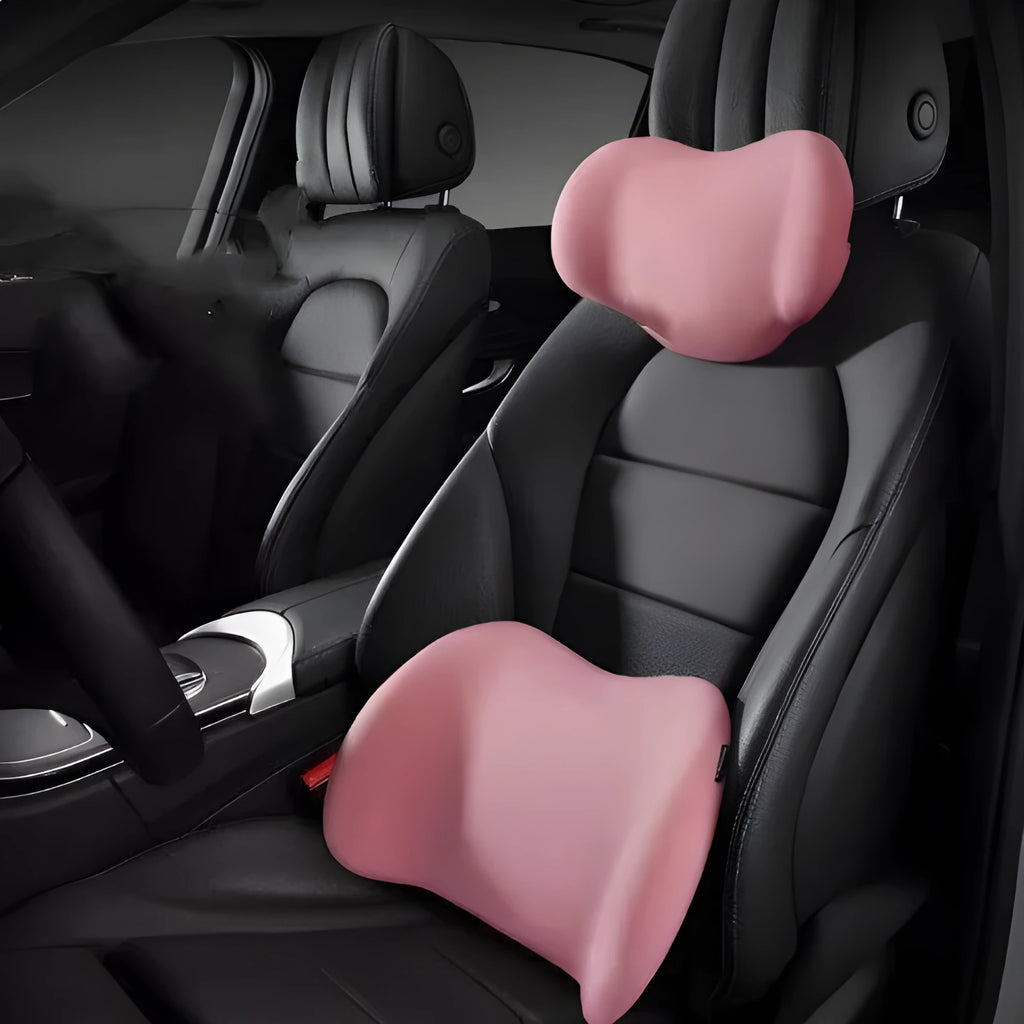 Memory cotton car headrest and waist cushion in black, green, grey, or pink colours