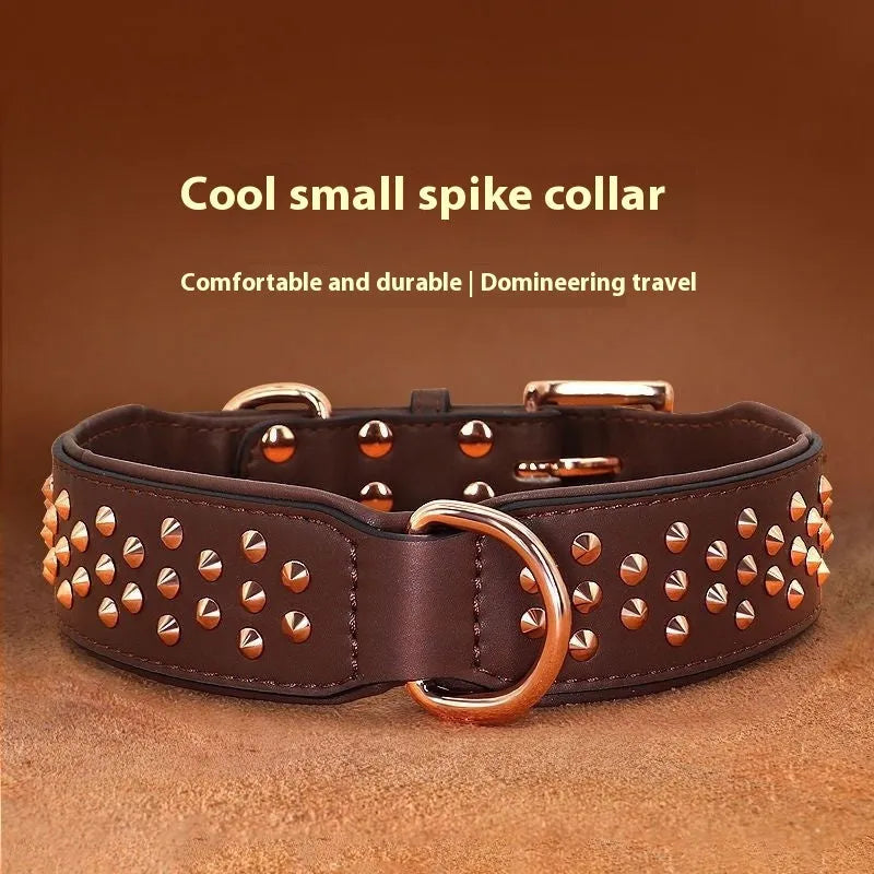 Chocolate coloured leather dog collar with metal rivets for anti-bite protection on a dog's neck.