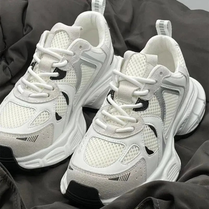 Beige platform mesh shoes with wedge heel and front lace-up design on rubber sole