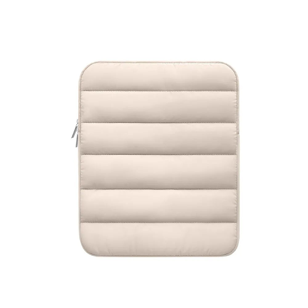 Puff bag laptop sleeve in black, khaki, or silver for 9.7 to 11 inch devices with elastic sides