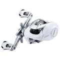 Small white micro baitcasting fishing reel with a distinctive drip wheel design on a blue background.