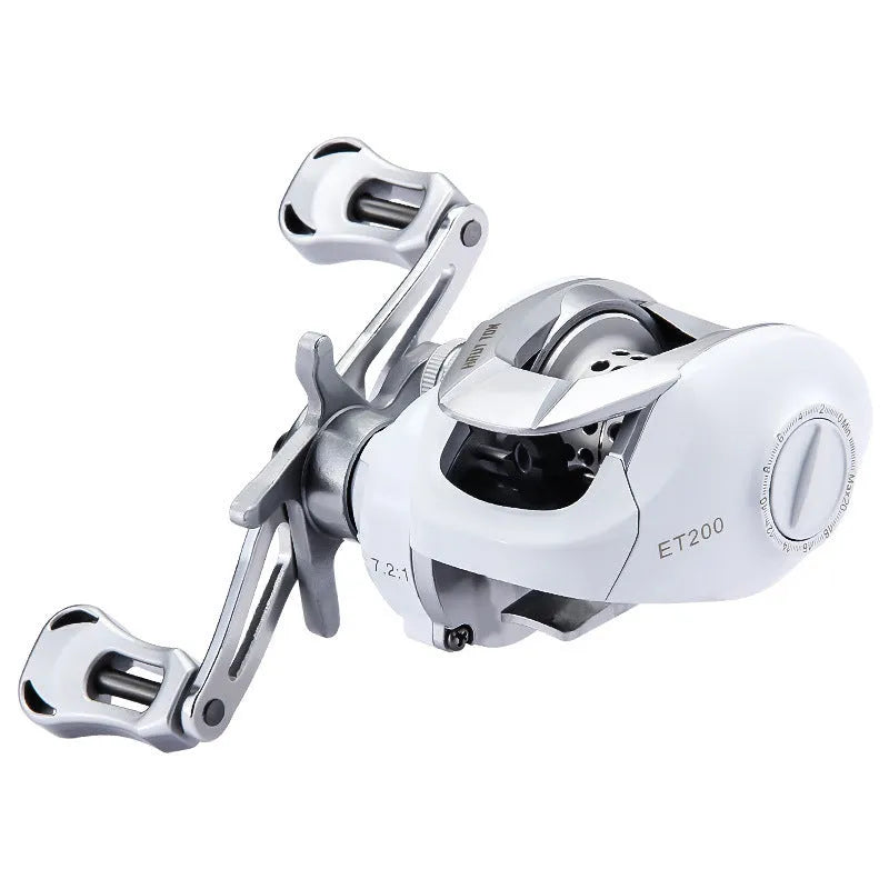 Small white micro baitcasting fishing reel with a distinctive drip wheel design on a blue background.