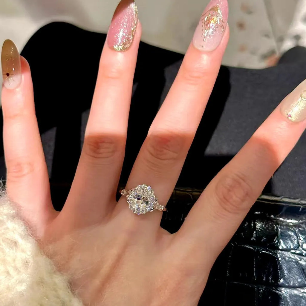Silver geometric ellipse ring with diamond treatment and adjustable opening