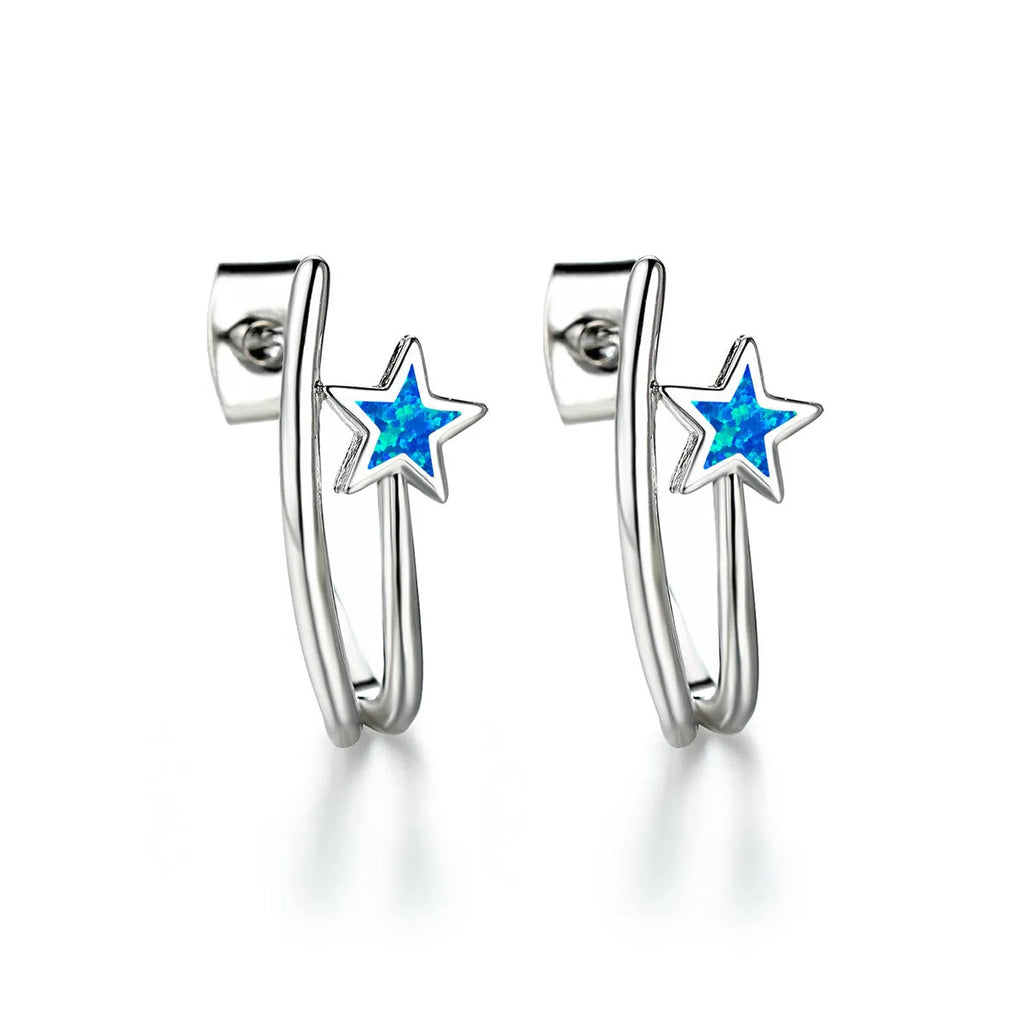 Blue opal earrings with geometric five-pointed star design in platinum blue copper electroplated finish