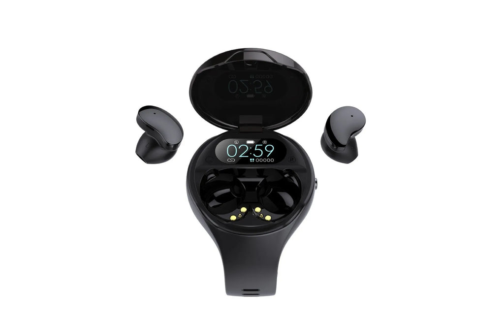 Black detachable smart bracelet with Bluetooth TWS earphones showing colour screen displaying heart rate
