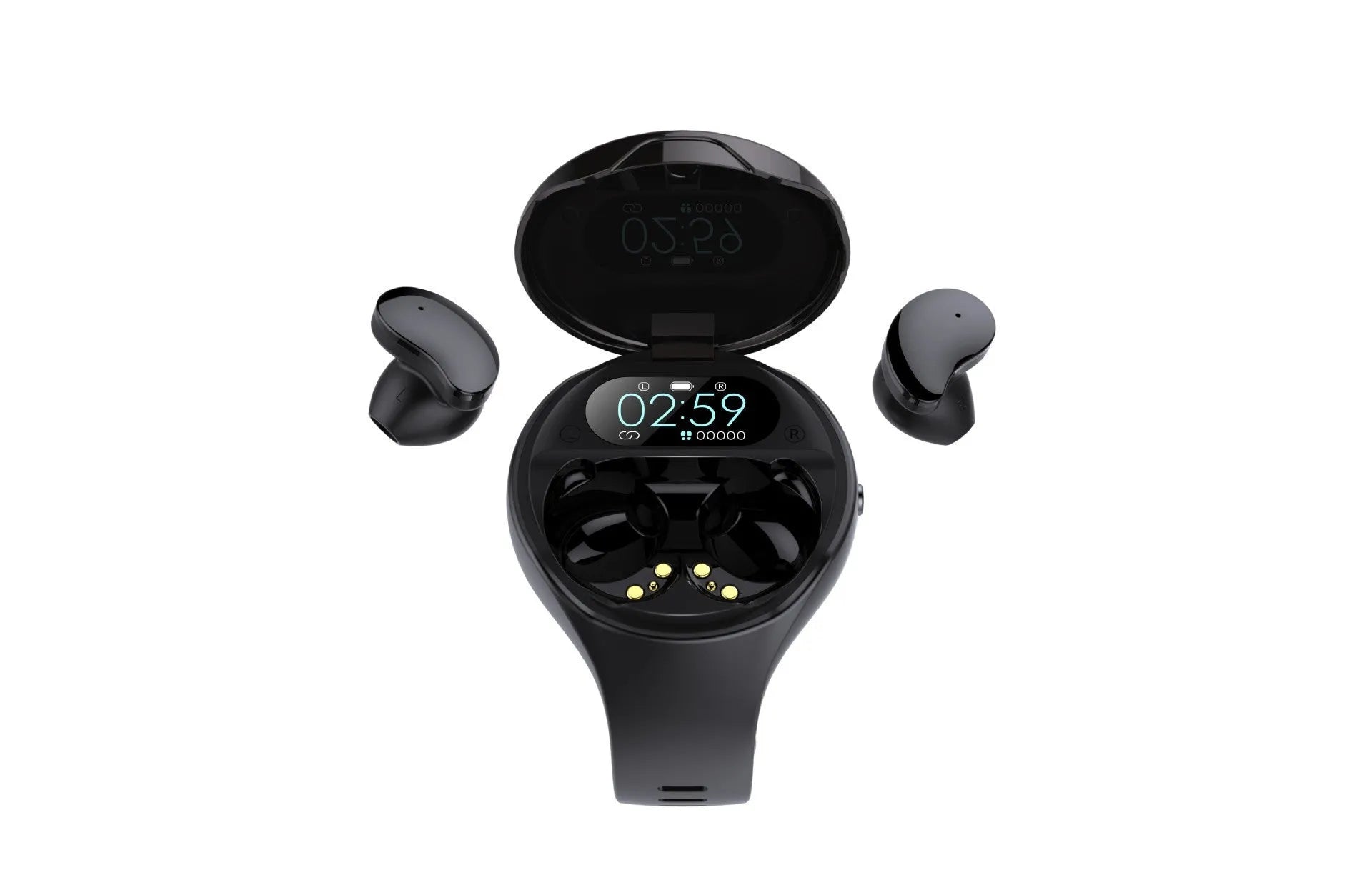 Black detachable smart bracelet with Bluetooth TWS earphones showing colour screen displaying heart rate