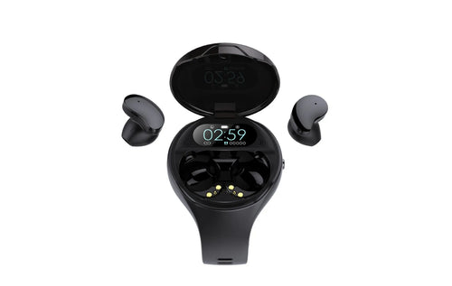 Black detachable smart bracelet with Bluetooth TWS earphones showing colour screen displaying heart rate