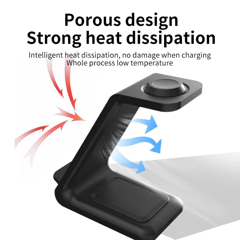 Black upright wireless phone charger with holder displaying mobile phone at angle for charging and viewing