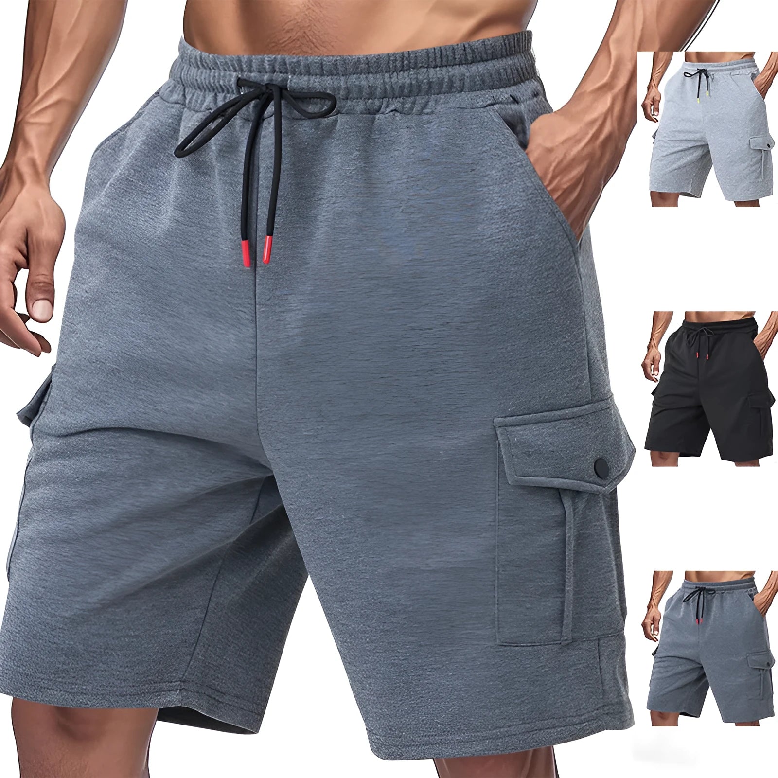Man's loose fit multi-pocket cargo shorts in light grey heavy ring fabric.
