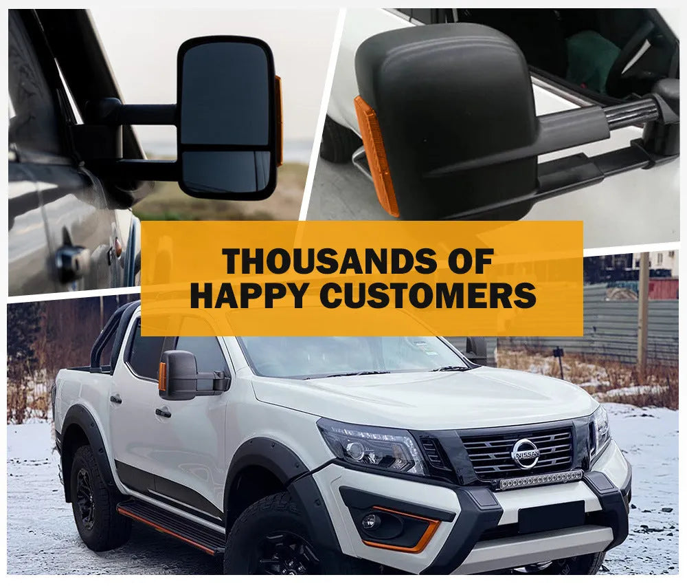Black electric exterior rear view mirror for Nissan NP300 D23 with integrated indicator light.