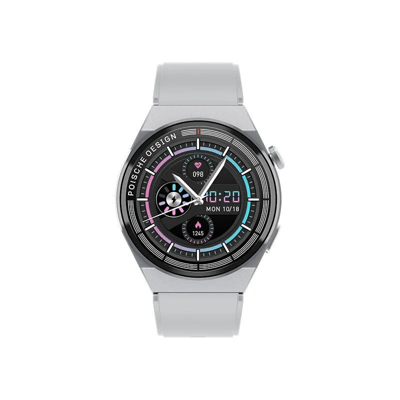 Black Bluetooth smartwatch with 1.39 inch screen showing NFC and blood sugar monitor features