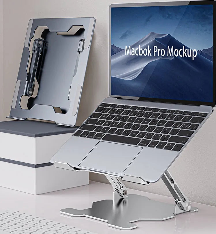 Aluminum adjustable laptop stand in folded and extended positions showing hollow design