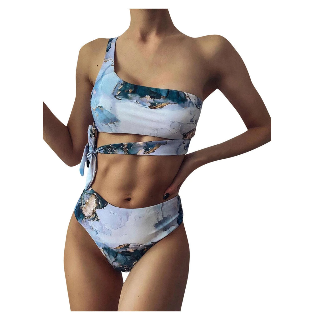 Women's high-waist marble tie-dye print bikini set with U-neck top.