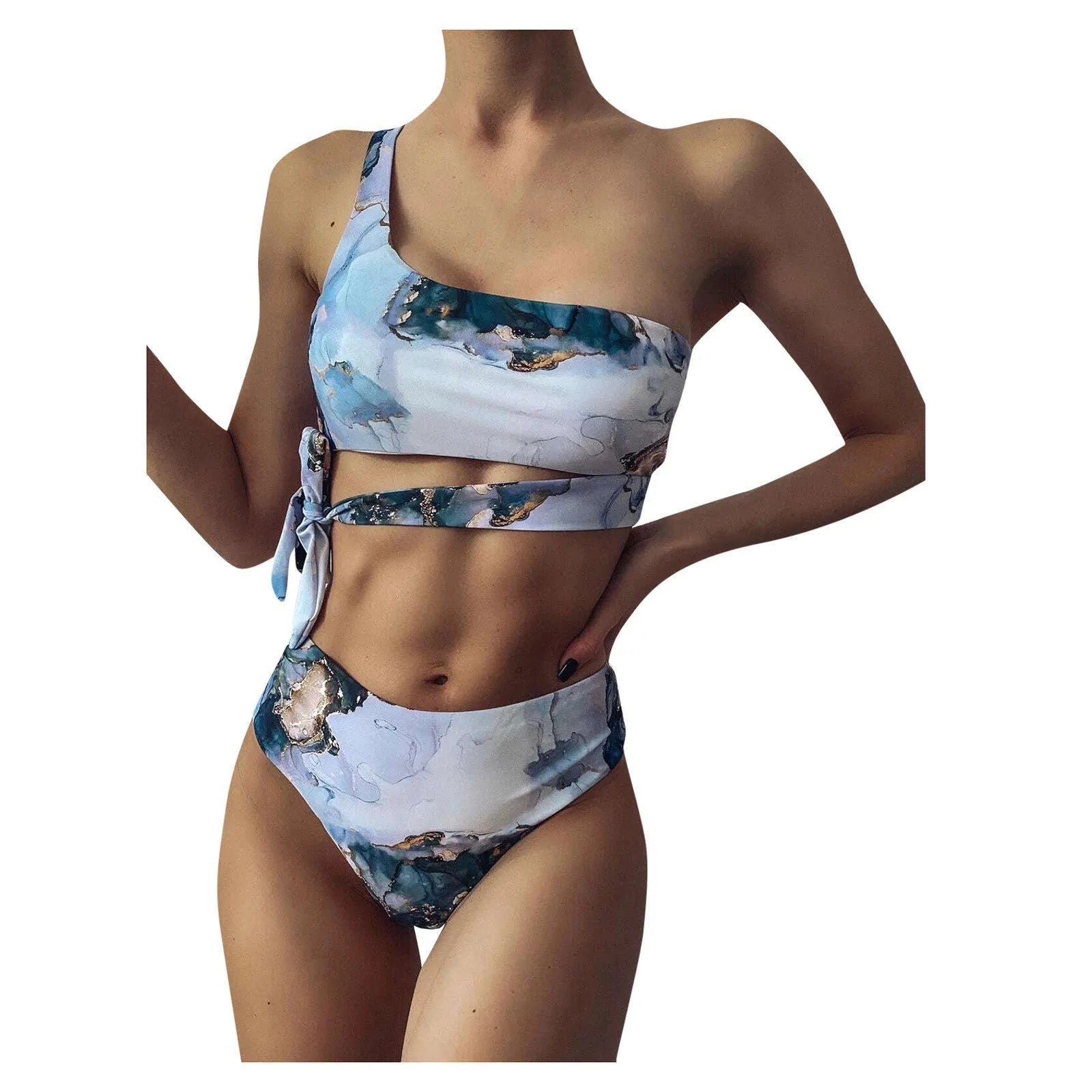 Women's high-waist marble tie-dye print bikini set with U-neck top.