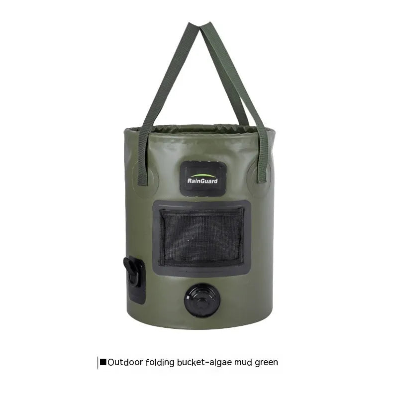Outdoor portable folding fishing bucket in lemon yellow colour showing 25L capacity and foldable design