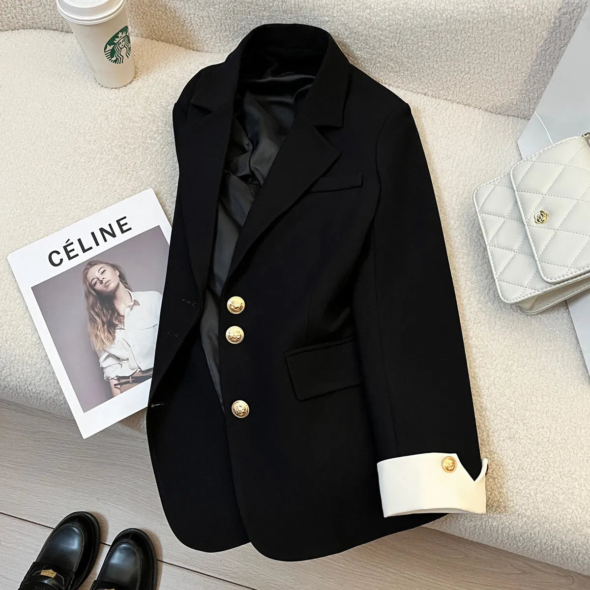 Women's medium-length loose polyester coat in milky white with pockets and regular long sleeves
