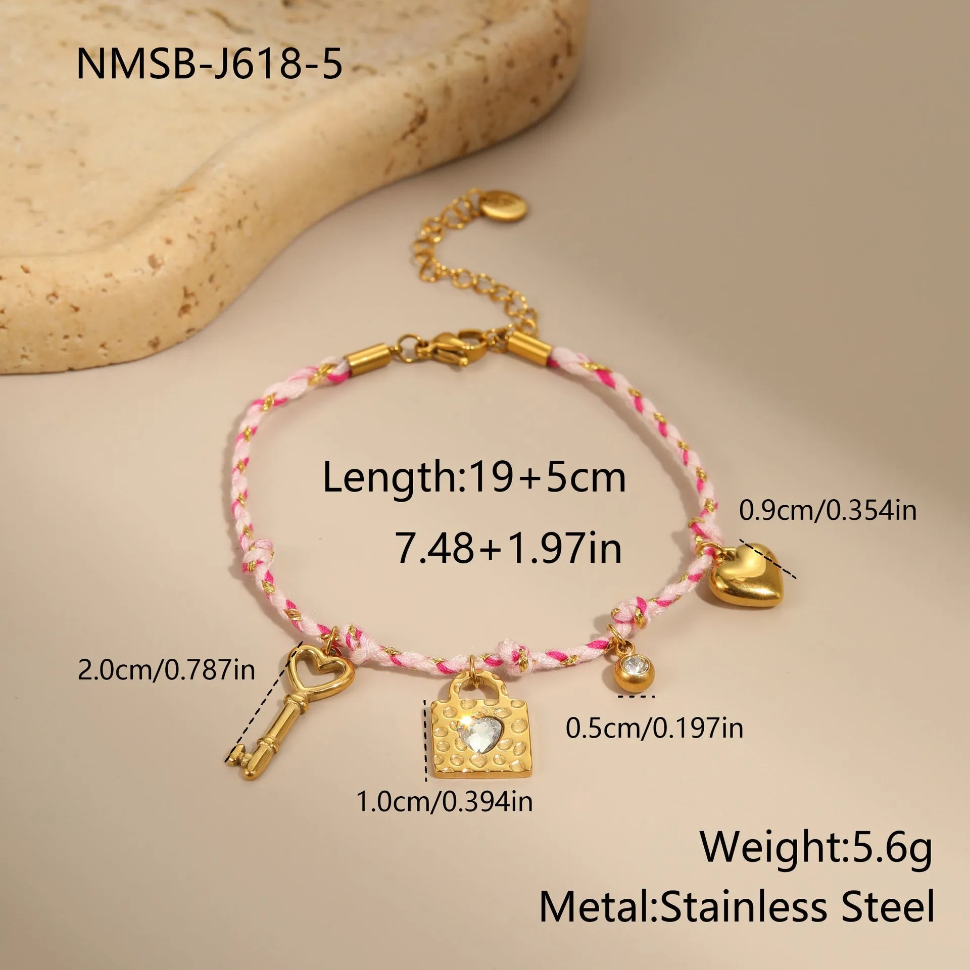 Handmade braided rope necklace or bracelet with stainless steel chain and geometric pendant in 18K titanium steel finish