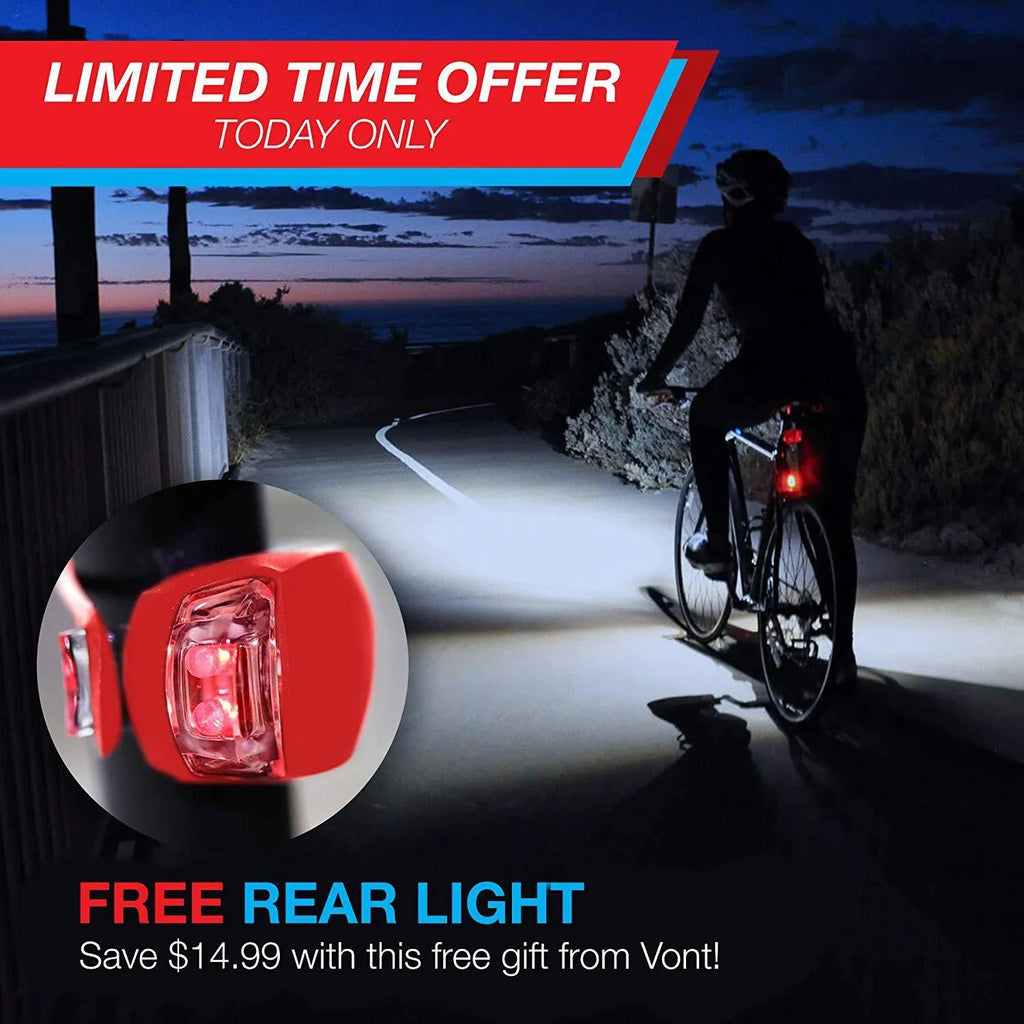 Bicycle light set showing a white-fronted torchlight, a red taillight, and a handlebar mounting bracket.