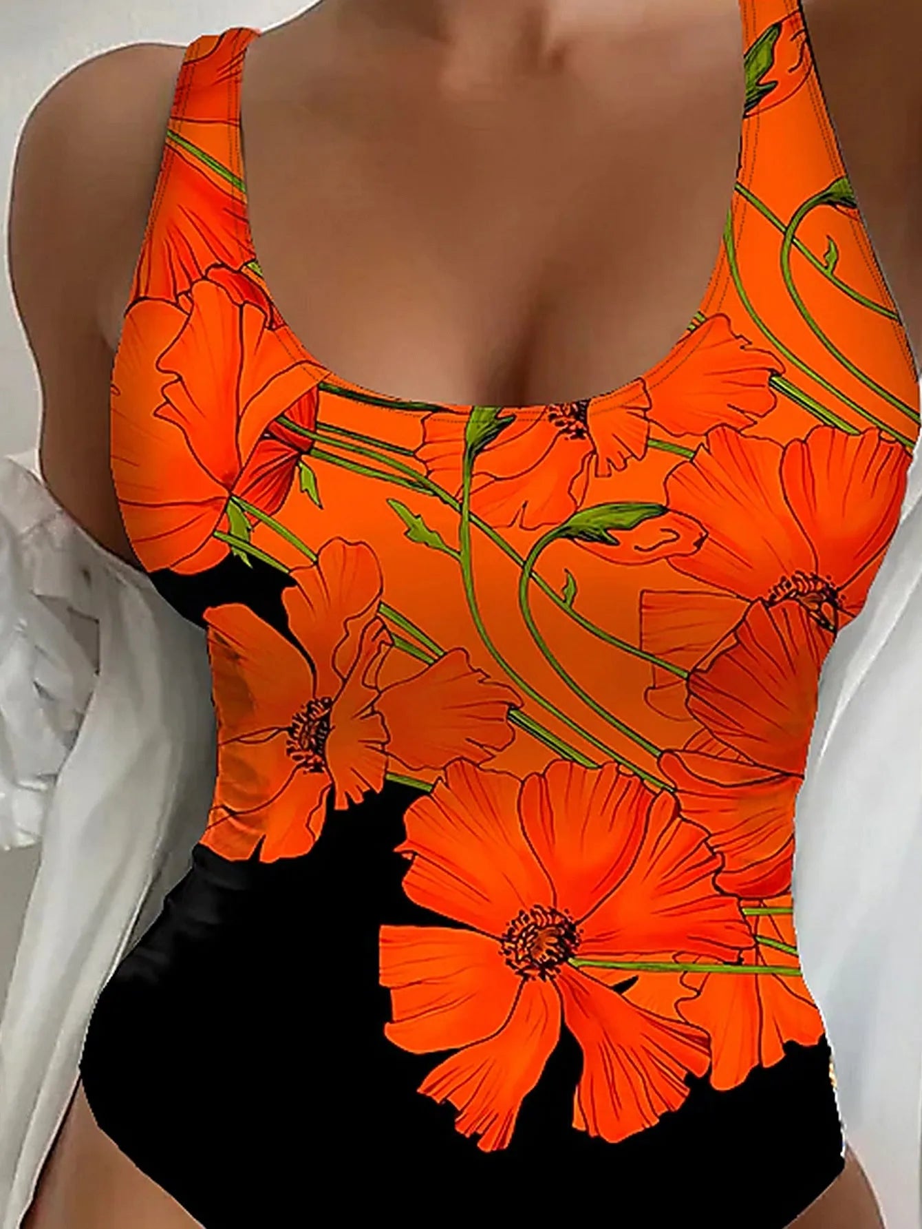 Orange flowers print backless one-piece swimsuit slim fit women's swimwear