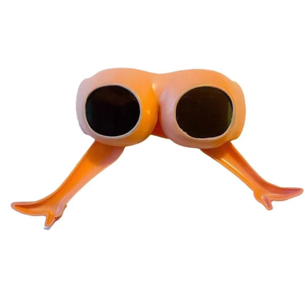Orange plastic sunglasses with a personality leg and hip design.