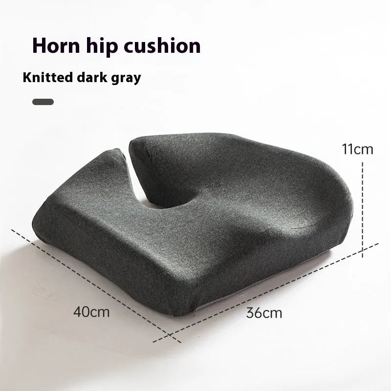 Memory foam office chair cushion measuring 36x40x11cm in dark grey colour with mesh backing