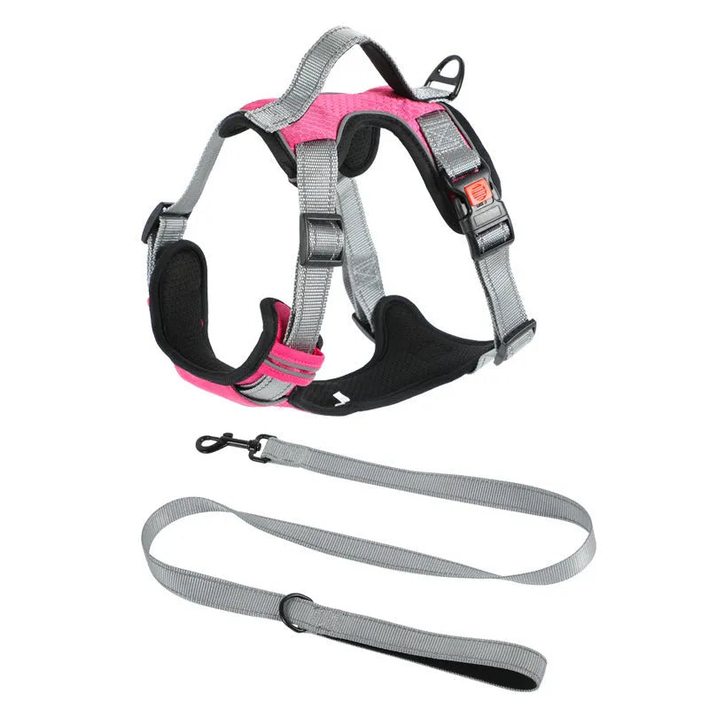 Orange polyester dog chest strap harness with an adjustable hand holding rope attached.
