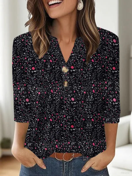 Women's casual V-neck t-shirt with 3D printed pattern showing loose-fit Asian sizing